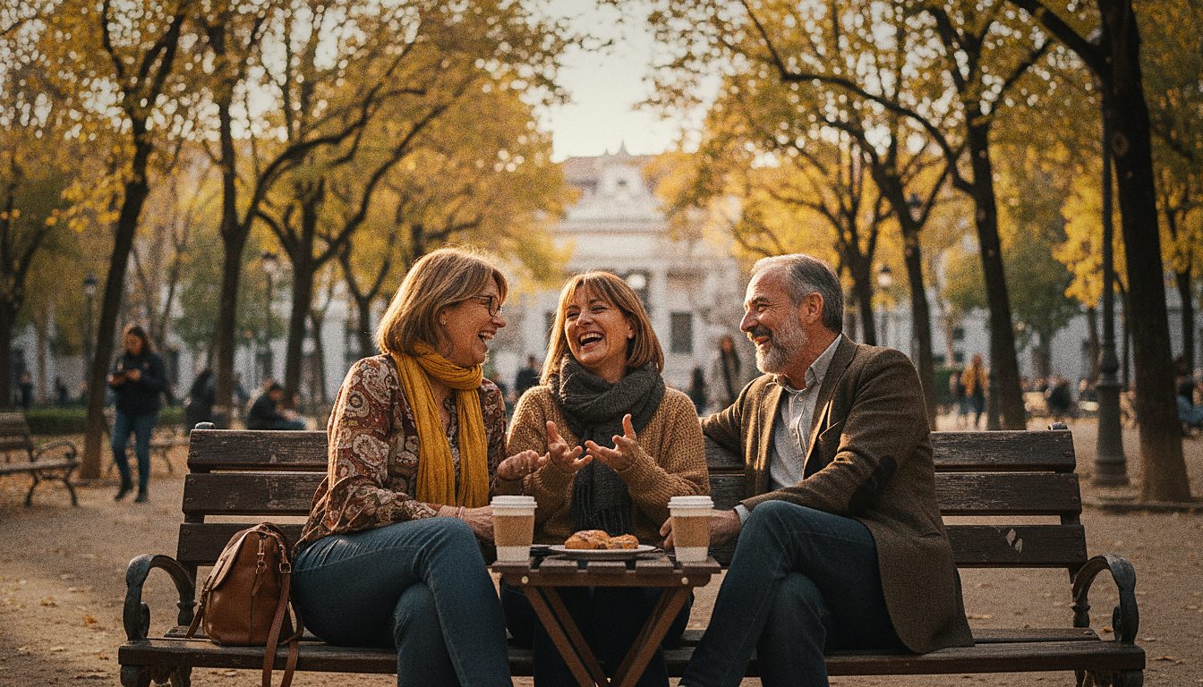 Grupo de amigos conociendo gente nueva en Madrid